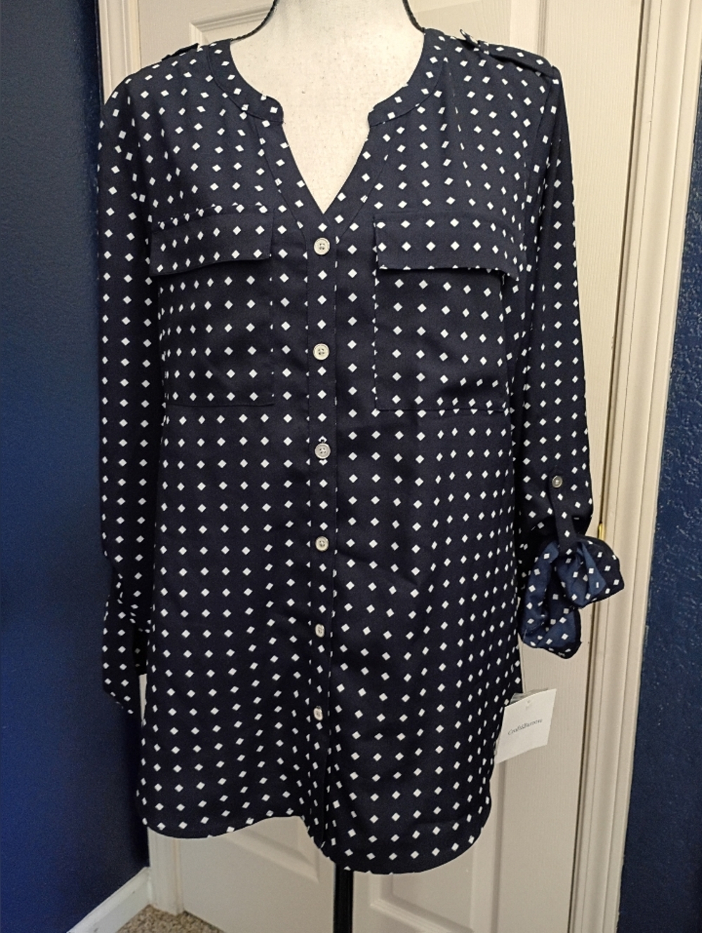 Croft & Barrow Navy Blouse with White Diamond Print